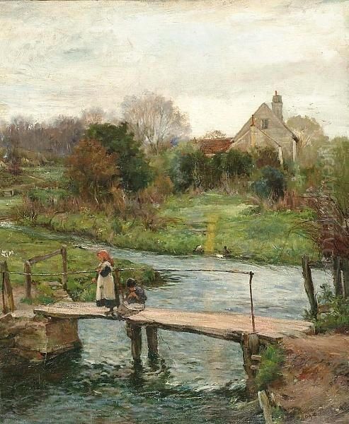 Children On A Bridge With A Cottage Oil Painting by Claude Hayes