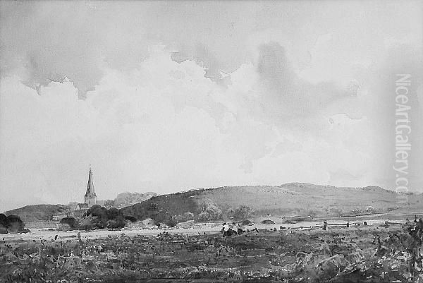 Landscape With Church Spire In The Distance Oil Painting by Claude Hayes