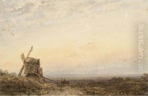 A Windmill In An Open Landscape Oil Painting by Claude Hayes