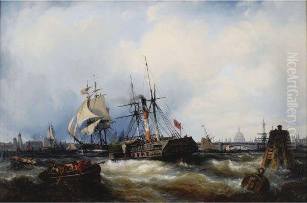 A Paddle Steamer Clearing Her Mooring On The Thames Oil Painting by Edwin Hayes