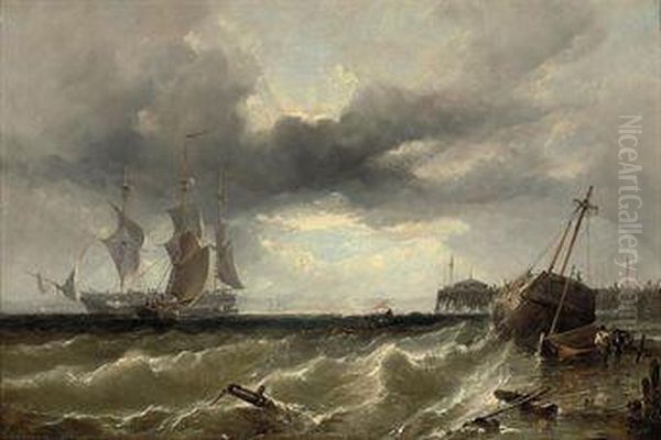 A Beached Wreck And Other Shipping Off Ryde Pier Oil Painting by Edwin Hayes