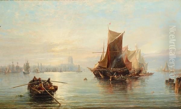 A Continental Port At Sunset With Shippingmoored In The Foreground Oil Painting by Edwin Hayes