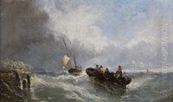 Fishermen In An Open Boat Off The Pier Oil Painting by Edwin Hayes