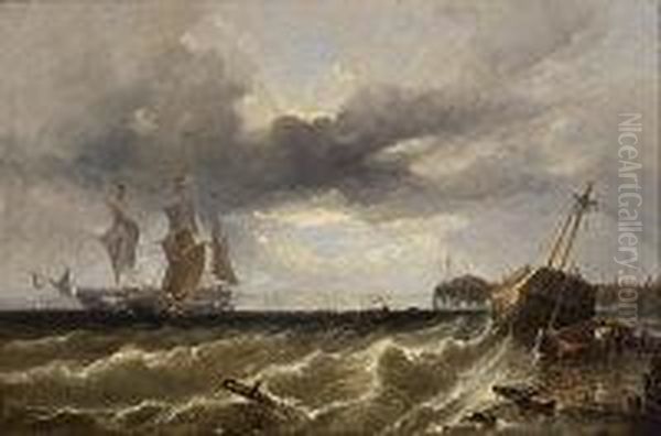 Shipwreck On A Shore, With Sailing Ships In A Bay Oil Painting by Edwin Hayes