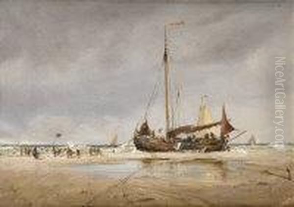 Beached Ship Being Unloaded Oil Painting by Edwin Hayes