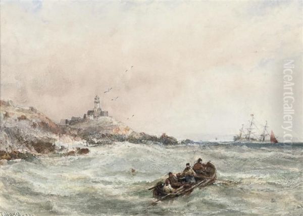 High Tide At The Mumbles Lighthouse Oil Painting by Edwin Hayes