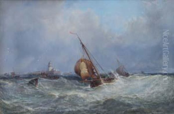 Fishing Boats In Stormy Seas Oil Painting by Edwin Hayes