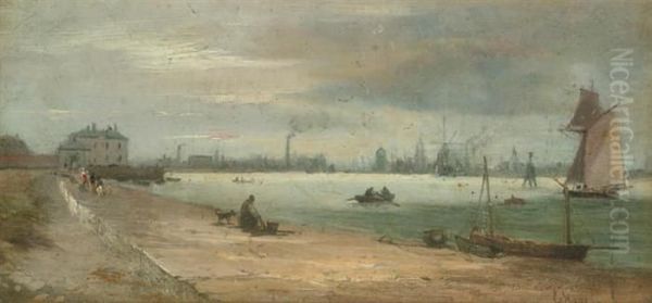 The Shore Of The River Mersey, Liverpool In The Distance Oil Painting by Edwin Hayes