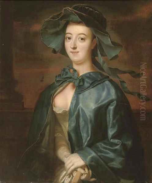 Portrait of a lady, half-length, in a blue silk cape and hat Oil Painting by Henry Robert Morland