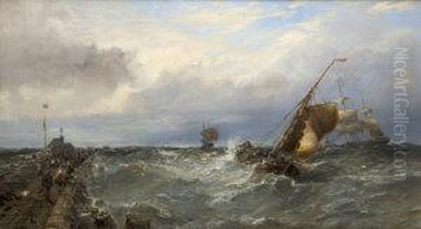 A Stormy Day With Sailing Boats Off A Pier Oil Painting by Edwin Hayes