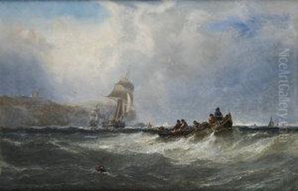 Rowboats And Shipping Off The Coast Oil Painting by Edwin Hayes