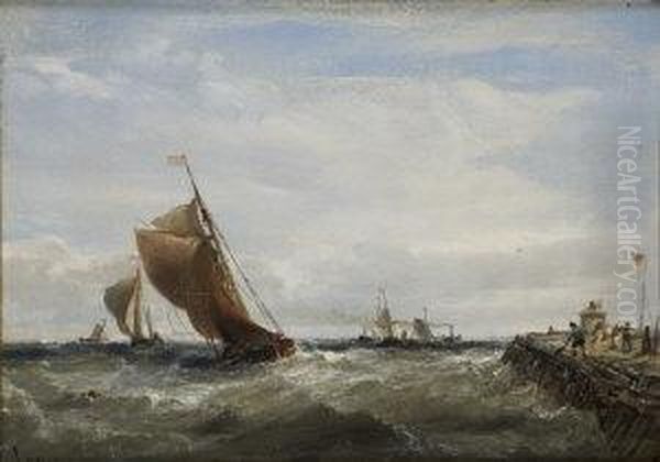 Sailing Boats And Steamers Outside A Harbour Oil Painting by Edwin Hayes