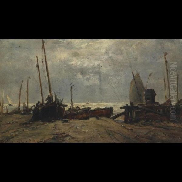 Boats Ashore Eastbourne Oil Painting by Edwin Hayes