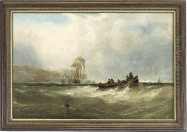 Fishermen Hauling In Their Nets, With Merchant Shipping Coming Outof A Port Beyond Oil Painting by Edwin Hayes