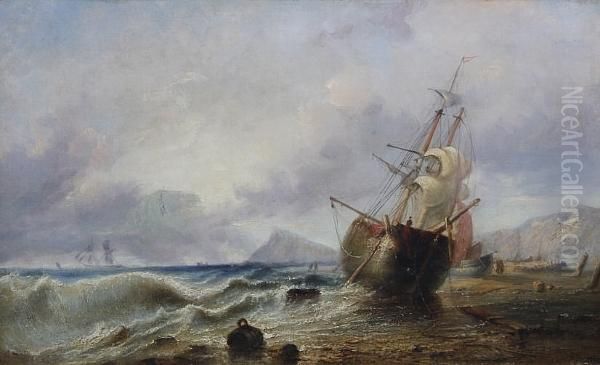 Sailing Vessels On The Shore Oil Painting by Edwin Hayes