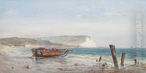 Fishing Boat On The Shore With White Cliffs Beyond Oil Painting by Edwin Hayes