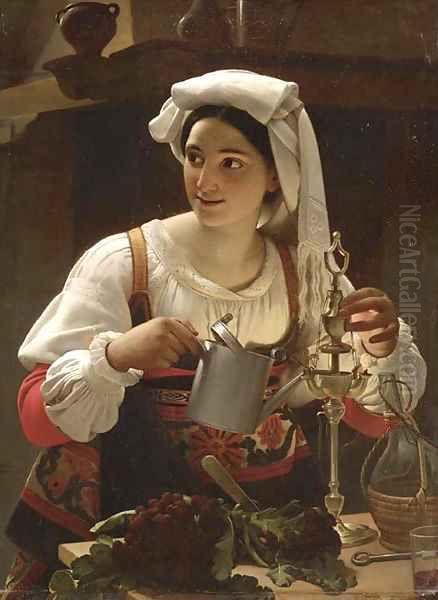 A Young Maiden filling an Oil Lamp Oil Painting by Jan Baptist Lodewyck Maes