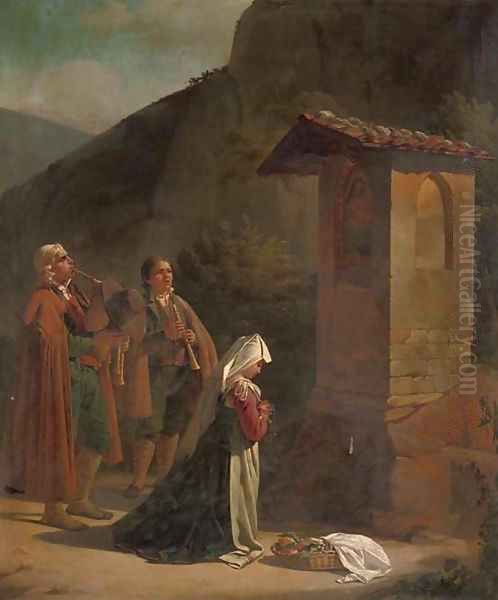 Musicians by a roadside chapel Oil Painting by Jan Baptist Lodewyck Maes