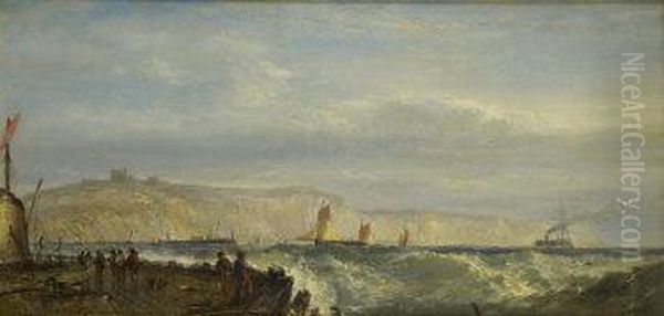 Coastal Scene With Figures And Shipping And White Cliffs Beyond Oil Painting by Edwin Hayes