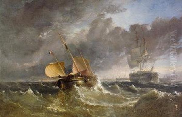 A French Barge Leaving Port Oil Painting by Edwin Hayes