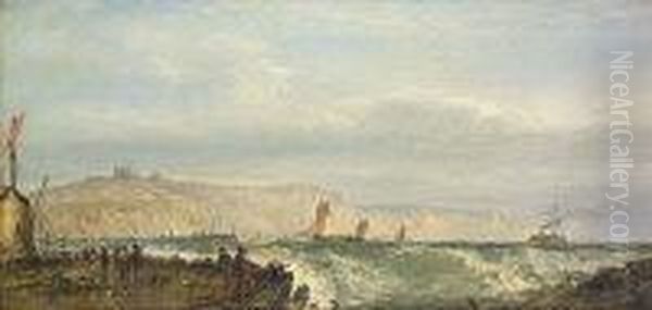 Coastal Scene With Figures And Shipping And White Cliffs Beyond Oil Painting by Edwin Hayes