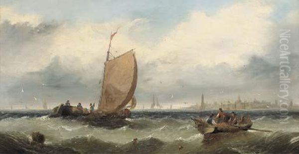 Running Inshore; And Fishermen Hauling In Their Nets Oil Painting by Edwin Hayes