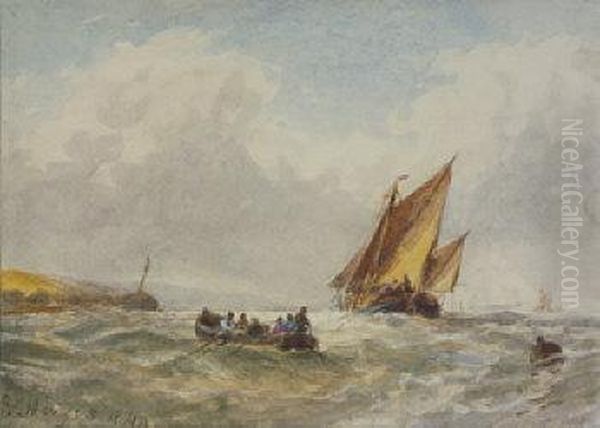 Figures In A Rowing Boat With Shipping Nearby Oil Painting by Edwin Hayes