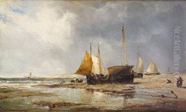 Figures With Shipping In Coastal Landscape Oil Painting by Edwin Hayes