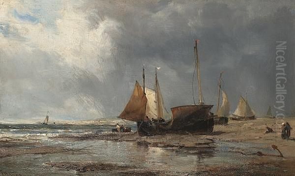 Beached Fishing Boats Oil Painting by Edwin Hayes