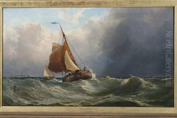 Dutch Barges In A Stiff Breeze Off The Coast, Signed And Dated 1869 Oil Painting by Edwin Hayes