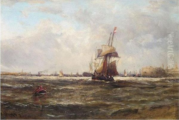 A Schooner Leaving Portsmouth Harbour Oil Painting by Edwin Hayes