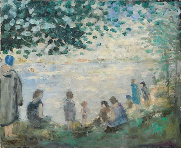 Femmes Et Enfant Au Bord De L'etang Oil Painting by Louis Hayet