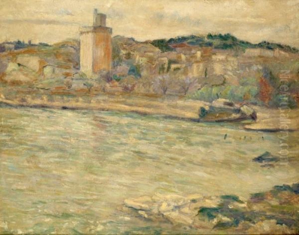 Le Rhone A Villeneuve-les-avignon Oil Painting by Louis Hayet