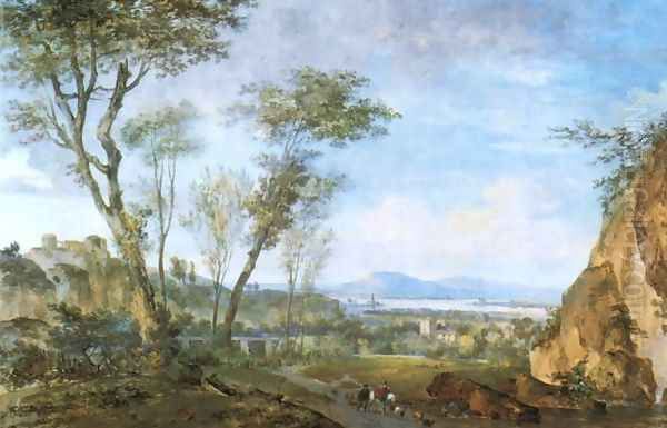 Riverside Landscape with Shepherds and Flocks Oil Painting by Louis-Gabriel Moreau the Elder