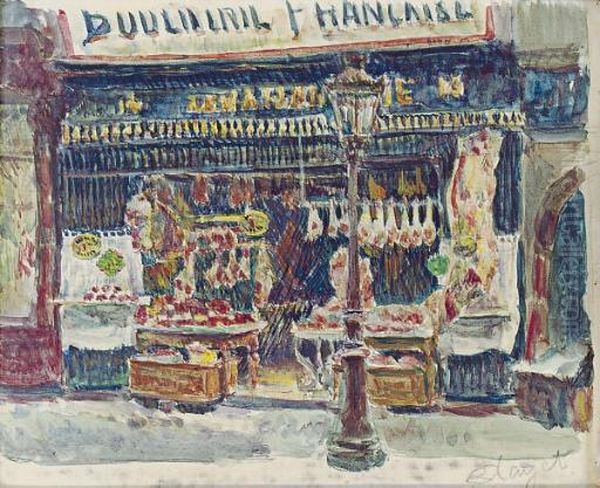 Butcher Storefront; And A Companion Work Oil Painting by Louis Hayet