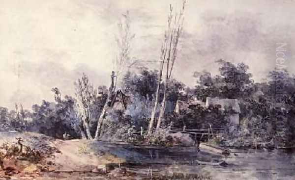 Cottages and willow by a stream with figures Oil Painting by Louis-Gabriel Moreau the Elder