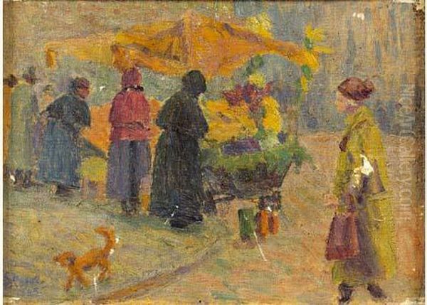 Le Marche Aux Fleurs Oil Painting by Louis Hayet