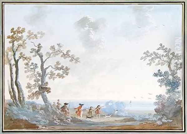 Huntsmen in a Landscape Oil Painting by Louis-Gabriel Moreau the Elder