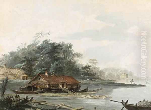 A Lake with a House Boat and Farm Buildings Oil Painting by Louis-Gabriel Moreau the Elder