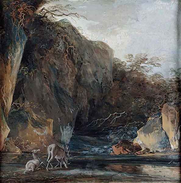 A stag and a hind at a stream below cliffs Oil Painting by Louis-Gabriel Moreau the Elder