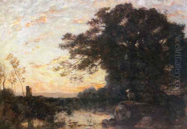 A Forest Sunset Oil Painting by Francois Maury