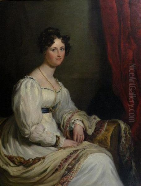 Portrait Of A Young Lady Wearing A White Dress With Blue Sash Seated In An Interior Oil Painting by Sir George Hayter