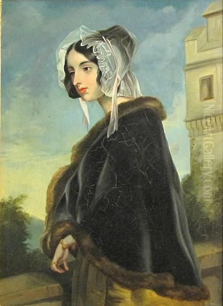 A Portrait Of A Woman Wearing A Fur-trimmed Cloak Standing By A Balustrade Oil Painting by Sir George Hayter