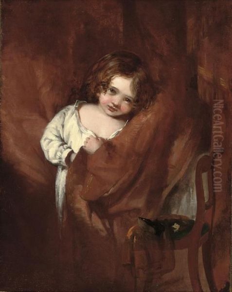 Study Of A Young Child Hiding Behind A Curtain Oil Painting by Sir George Hayter