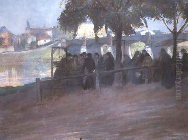 Fish Market near the Podgorski Bridge in Cracow Oil Painting by Artur Markowicz