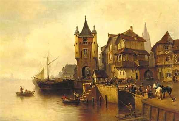 A busy Dutch port Oil Painting by Wilhelm Alexander Meyerheim