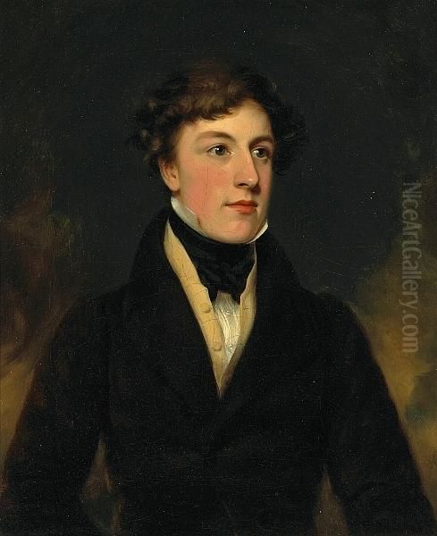 A Portrait Of A Young Man, Half-length, In A Brown Coat And Black Cravat Oil Painting by Sir George Hayter