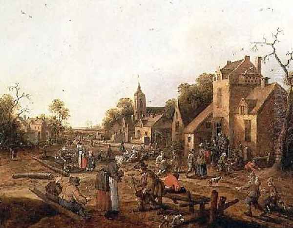 Peasant Merrymaking Outside a Village Inn Oil Painting by Claes Molenaar (see Molenaer)