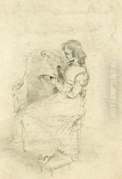 Study Of A Seated Woman Reading A Newspaper Oil Painting by Sir George Hayter