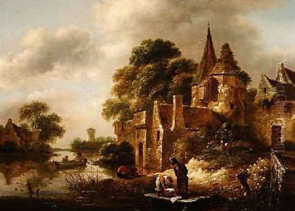 River Landscape with Peasants near a Castle Oil Painting by Claes Molenaar (see Molenaer)